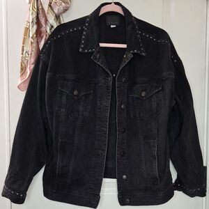 American Eagle Oversized Boyfriend Denim Jacket Studded Washed Black Large